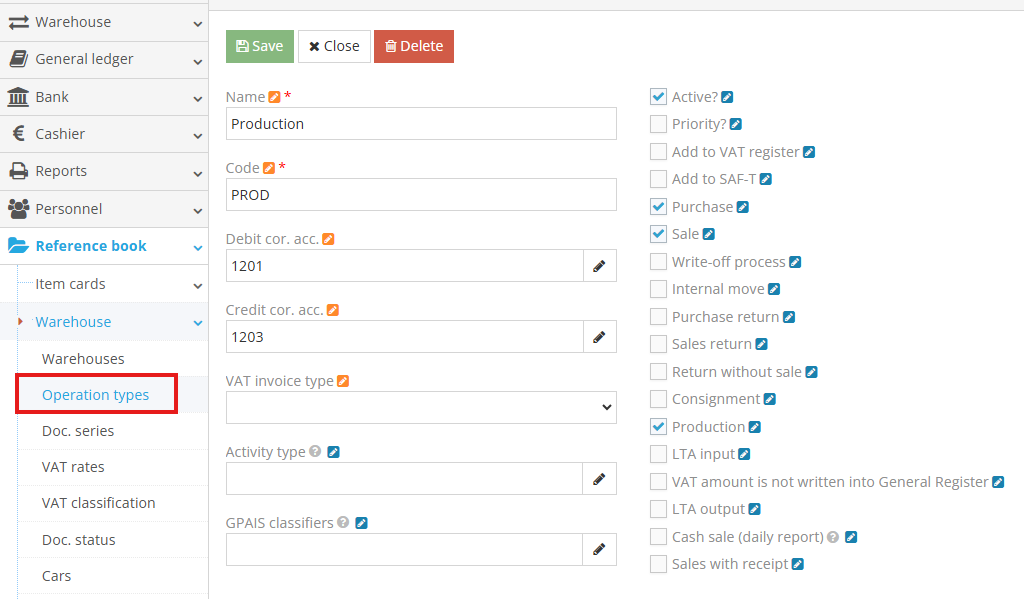 Creating a new production or assembly operation type